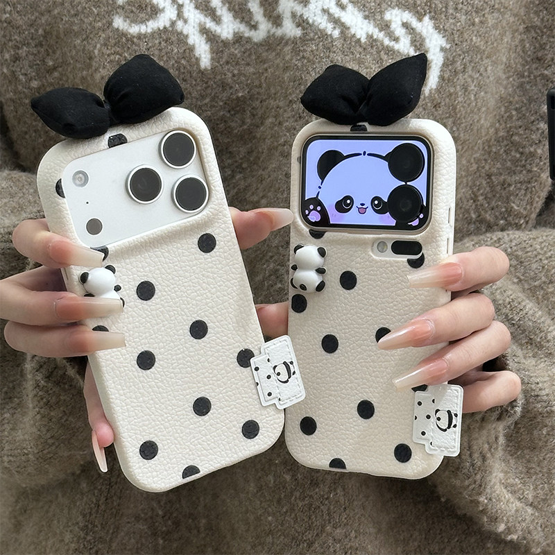 波点熊猫蝴蝶结新款适用苹果17Pro手机壳iPhone16max小米15华为mate80pura70k80nova14荣耀400x100opporeno13