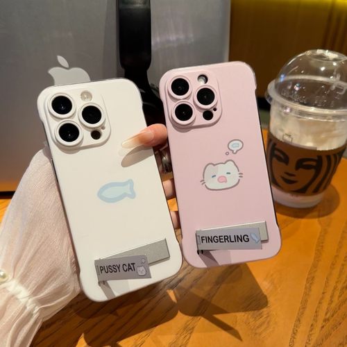 无边框猫咪小鱼支架适用苹果16pro手机壳iPhone15华为mate60小米14vivo荣耀90x100reno12红米k50note13iqoo11