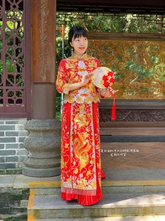 大紅色真絲純手工蘇繡潮繡龍鳳褂秀禾服敬酒婚服明星同款 原創(chuàng)中式