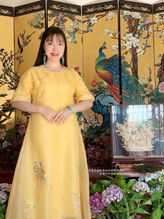 原创新中式 鹅黄色真丝纯手工苏绣刺绣花轮圆领旗袍袍子宽松连衣裙