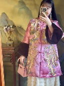 新中式 国风樱花粉真丝非遗手工苏绣凤凰羽绒貂皮立领旗袍外套贵气