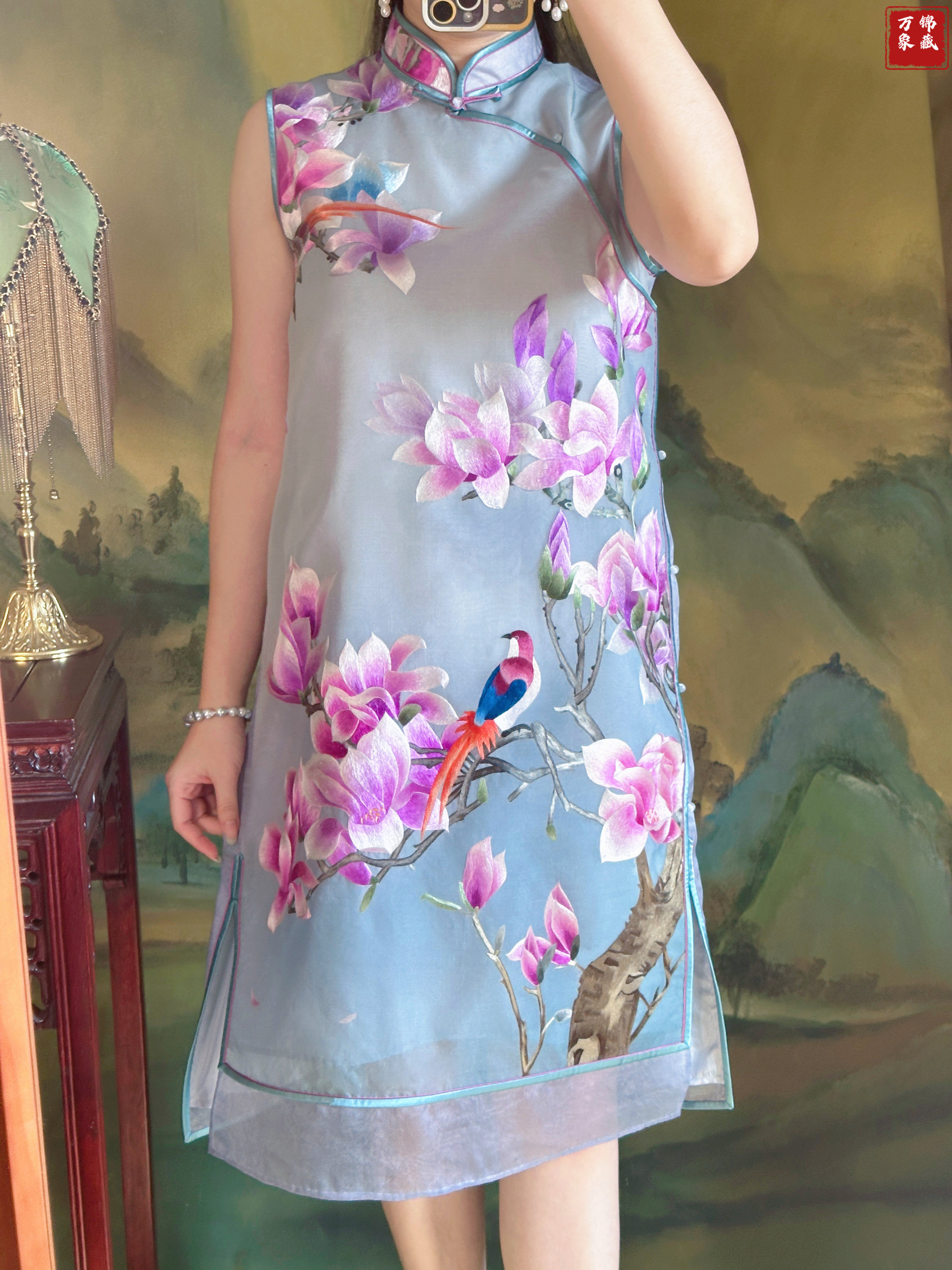 新中式国风复古雾霾蓝真丝欧根纱手工苏绣玉兰小鸟仙女旗袍连衣裙