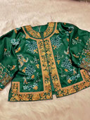 紫禁城故宫中国风翠绿真丝手工苏绣盘金绣福蝶牡丹旗袍清代氅衣女