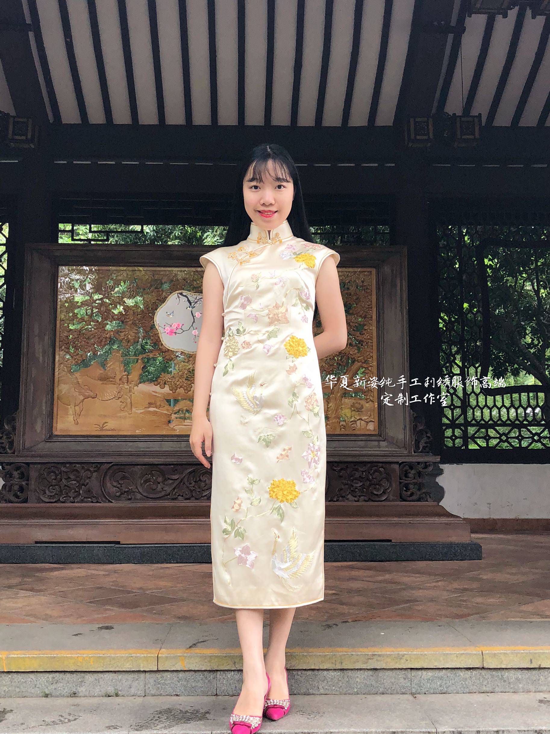 原创新中式夏姿香槟色真丝纯手工苏绣盘金绣仙鹤旗袍连衣裙礼服