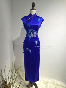 高端私人定制女装 复古中国风宝蓝色真丝纯手工苏绣刺绣旗袍连衣裙