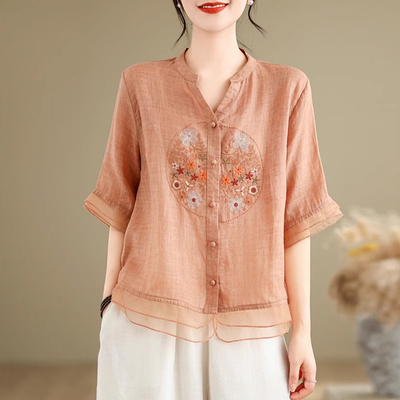 中年妈妈夏装新中式棉麻上衣女高端亚麻苎麻广东普宁衬衫2025新款