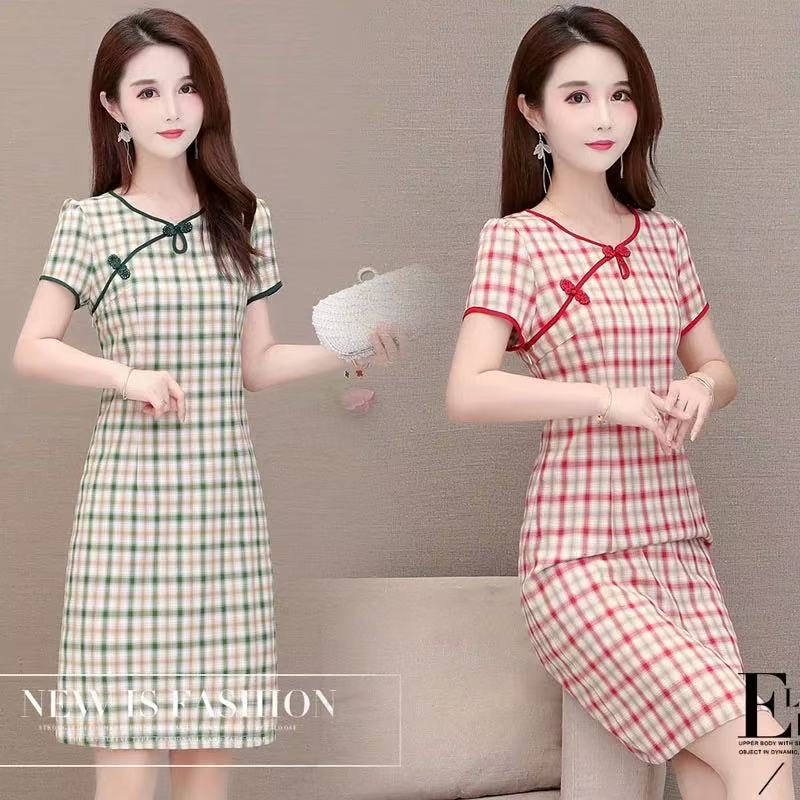 妃蝶轩【断码清仓】大码女装夏季时尚格子旗袍连衣裙 12358 FK-W