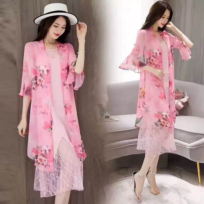 妃蝶轩【断码清仓】大码夏季中长款中袖印花防晒衣雪纺外套 91592