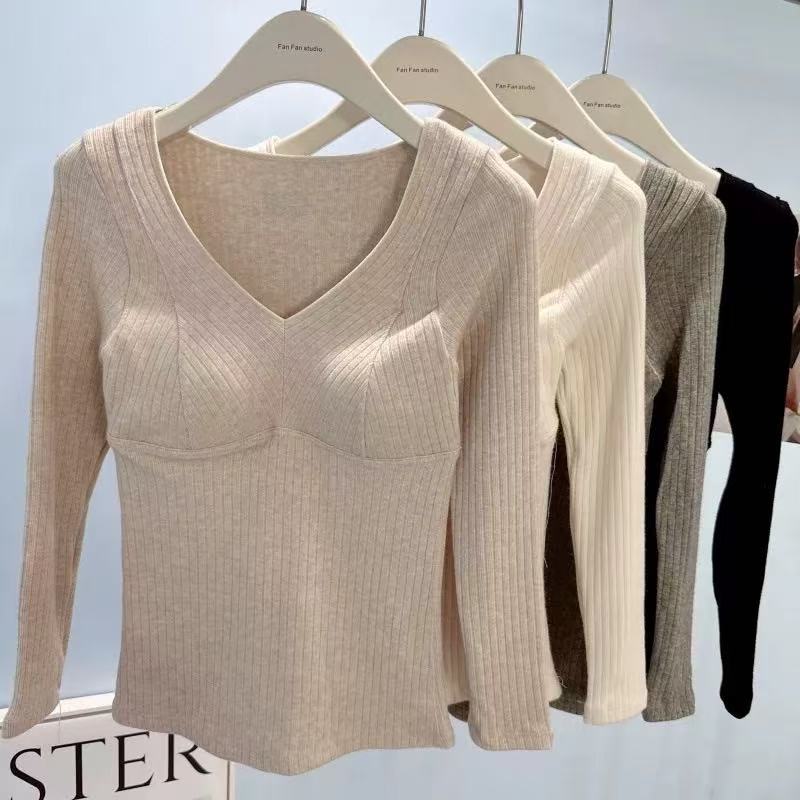 妃蝶轩【每日上新】新款螺纹磨毛保暖长袖V领胸垫内衣显瘦A003
