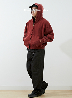 「Boxy短宽」水洗做旧美式cleanfit情侣款重磅加绒连帽卫衣外套男