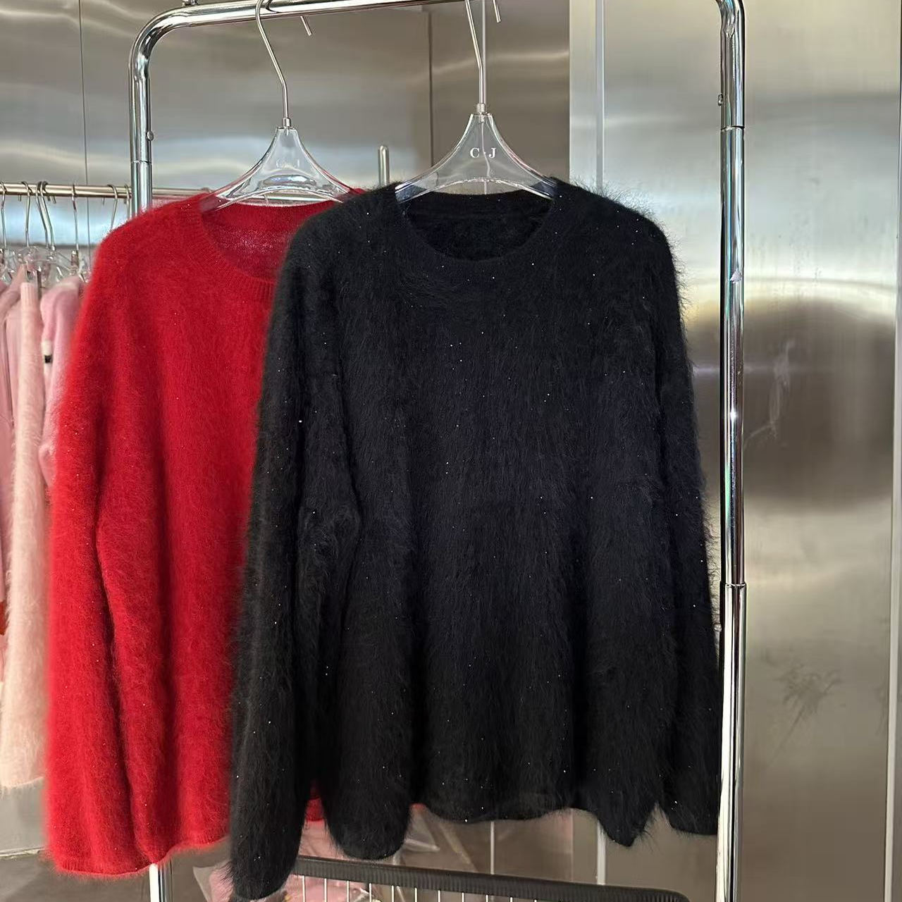 繁星 克珠片纱100山羊绒宽松慵懒圣诞新年氛围感红色拉绒羊绒衫