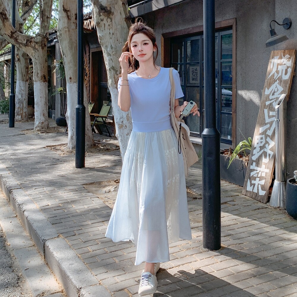 假两件针织蕾丝拼接连衣裙女夏2025新款特别漂亮掐腰裙子绝美洋气,女装连衣裙,世纪海洋