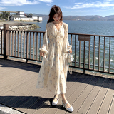 豆蔻庄园油画氛围裙法式度假风仙女裙气质花卉压褶系带连衣裙，女装连衣裙，世纪海洋