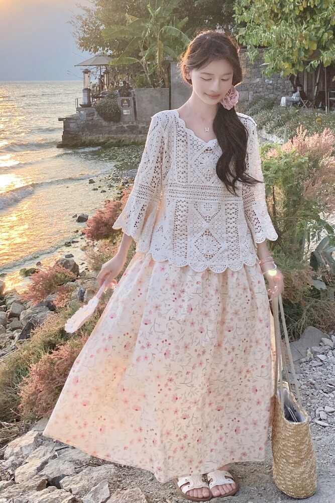 【下架】镂空钩花罩衫碎花吊带连衣裙两件套155-8576-P155K230,女装套装/套裙,世纪海洋