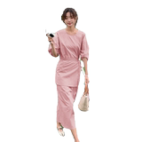 夏季纯色圆领中袖松紧束带连衣裙155-611-P115K165，女装连衣裙，世纪海洋