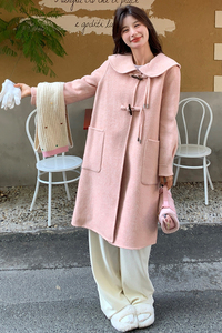 粉色娃娃领双面呢羊绒大衣女2025冬新款韩系超好看牛角扣毛呢外套图片