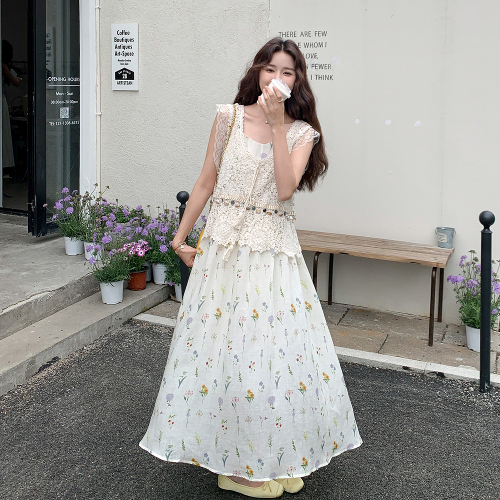 蕾丝花边罩衫碎花吊带连衣裙套装女夏2025新款独特漂亮艺术感穿搭,女装套装/套裙,世纪海洋
