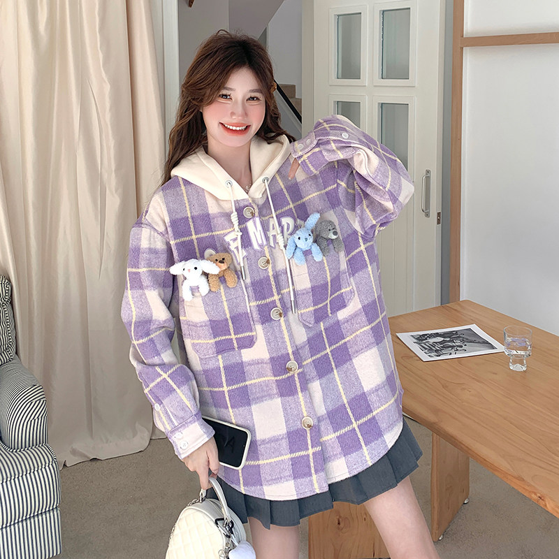 【现货】毛呢连帽格子宽松外套155-8647-P190K265,女装短外套,世纪海洋
