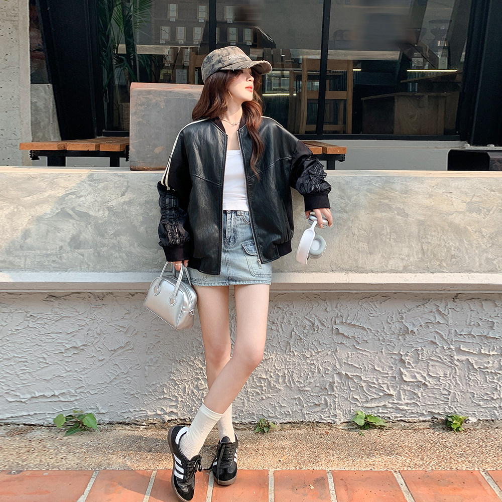 条纹拼接缎面pu皮衣外套女秋季2025优雅高级感流行学院风夹克上衣,女装短外套,世纪海洋
