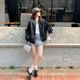 条纹拼接缎面pu皮衣外套女秋季2025优雅高级感流行学院风夹克上衣，女装短外套，世纪海洋
