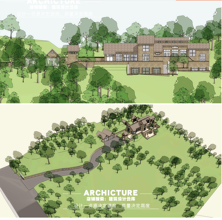 乡村偏英式/山地坡地度假木屋/私人住宅别墅/坡屋顶/建筑/su模型