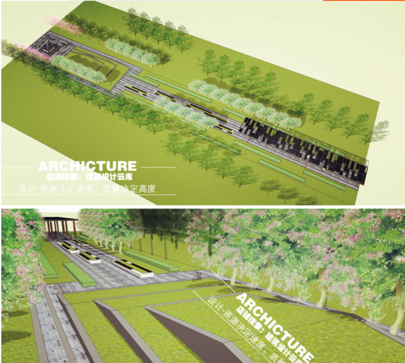 创意线性景观带/草坡/长廊景观亭/座椅草池喷泉公园su模型草图大