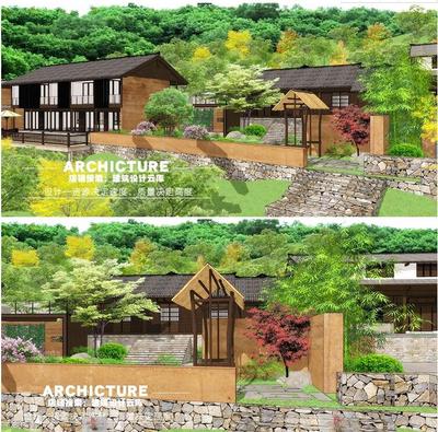 山体坡地新中式夯土墙土坯房民宿客栈度假村会所草图大师SU模型