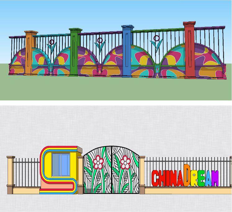 7套色彩斑斓儿童趣味幼儿园铁艺栏杆彩色围墙院墙大门入口su模型