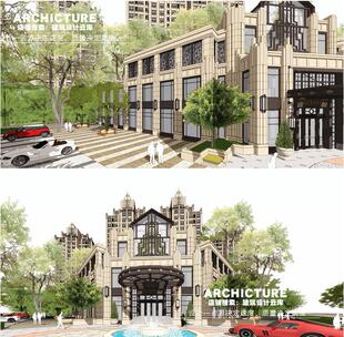 古典对称/Artdeco高层住宅/转角临街售楼处/建筑规划设计/su模型