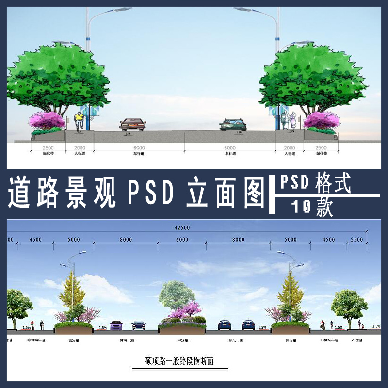 道路断面立面图剖面图PSD分层素材景观道路横断面图设计素材PSD