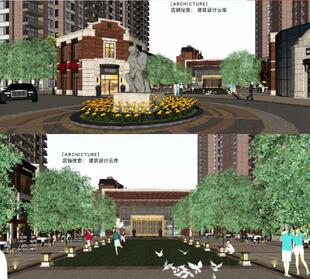 褐石英式风格小区主入口沿街商业景观轴线红砖建筑su模型