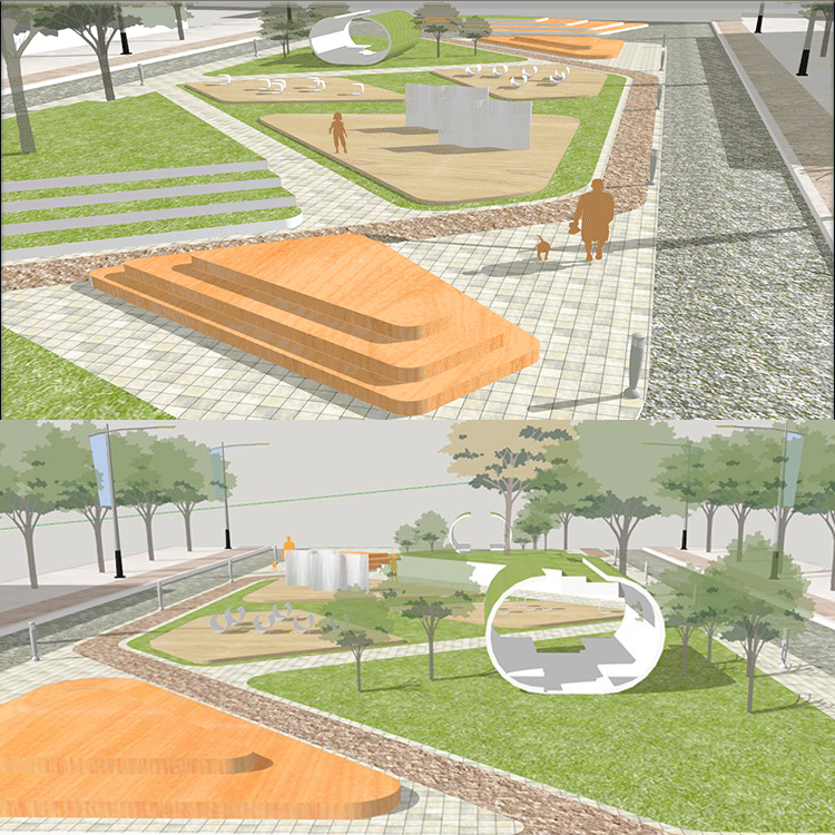 几何造型城市小游园广场SU模型草图大师休闲公园铺装景观坐椅设计