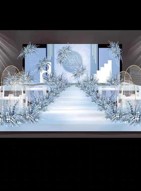 2113蓝色婚礼背景墙设计效果图 婚庆舞台KT板布置psd源素材模板