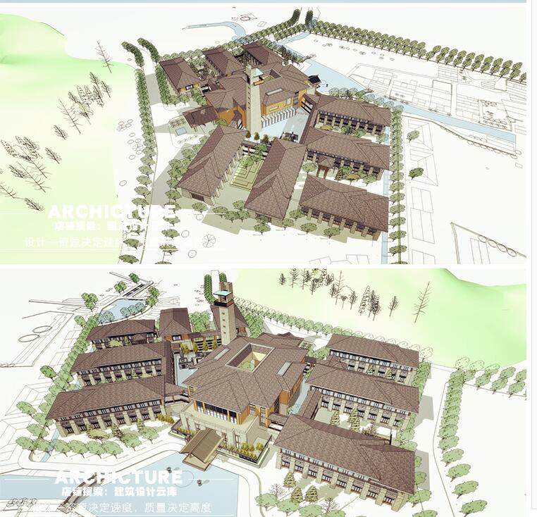 亲水/临湖坡屋顶/少数民族风情度假酒店/多层旅馆规划建筑su模型.