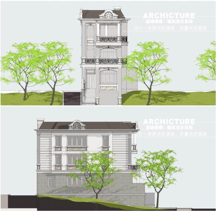 法式古典三层小开间/坡地农村自建房/坡屋顶住宅别墅建筑/su模型