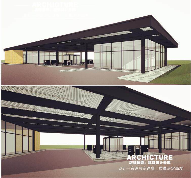 现代国外办公科技园区公共建筑玻璃轻钢大门/门卫/主入口/su模型