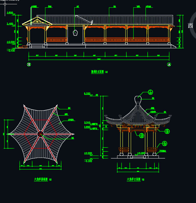 中式徽派廊檐六角亭全套施工图徽派长廊休息廊游廊亭子施工图