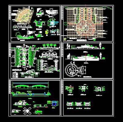 园林休闲广场大门假山景观亭廊架旱喷叠水池散座cad施工图资料
