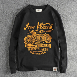 tee 打底衫 重磅纯棉阿美咔叽复古潮流长袖 T恤男机车大印花秋冬新款