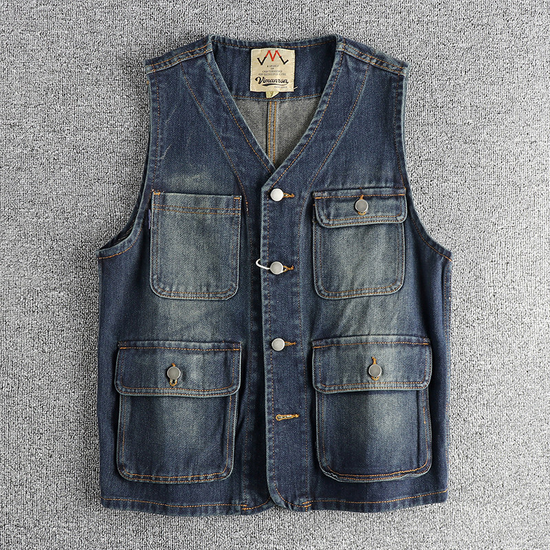 阿美咔叽复古做旧潮流男士牛仔马甲 多口袋设计百搭无袖上衣外套,男装,常规马甲,淘宝优惠券,粉丝福利购,淘宝优惠卷
