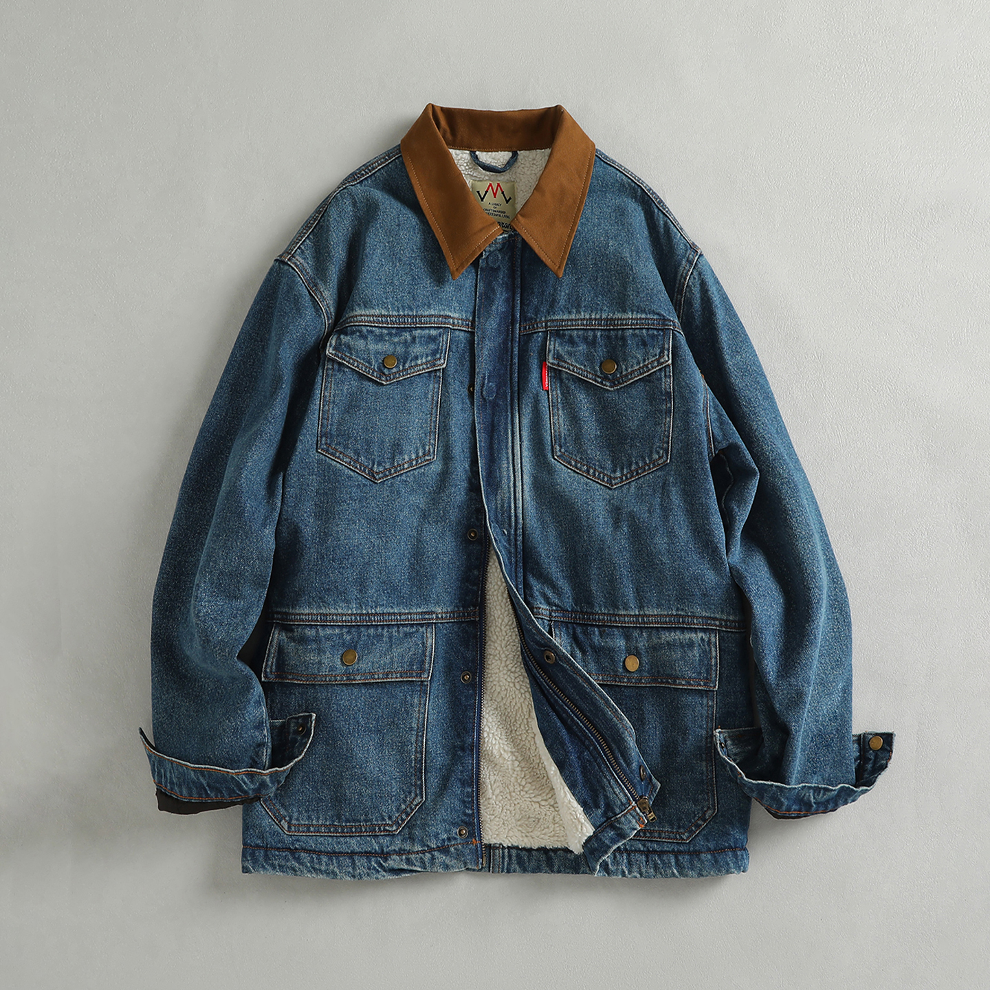 拼接领设计 加绒加厚阿美咔叽复古男装牛仔夹克冬季保暖上衣外套