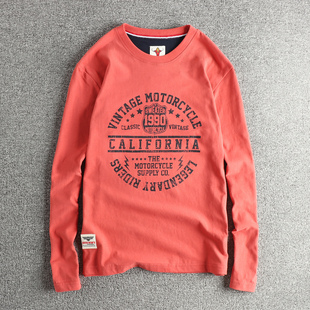 潮流水洗纯棉磨毛舒适圆领打底衫 个性 美式 T恤男 复古字母图案长袖