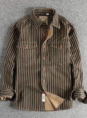 实拍美式复古潮流条纹男款长袖衬衫梭织全棉水洗舒适休闲工装外套