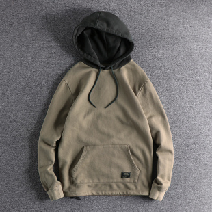 自然水洗做旧撞色青年帽衫 套头卫衣 加绒舒适宽松欧美男士