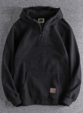 500G高克重加绒加厚新款半开领连帽男士卫衣做旧潮流日系青年上衣