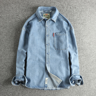 潮流春秋青年衬衣外套 简约工装 欧美风重水洗复古做旧牛仔衬衫 男