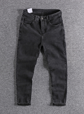牛仔裤男秋季2020新款修身小脚裤弹力黑色水洗做旧百搭九分裤