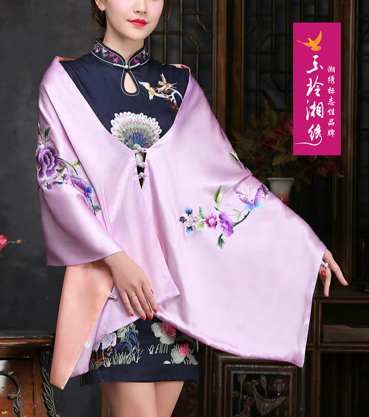 真丝湘绣绣花带扣披肩宴会披巾围巾全手工绣花玉玲湘绣