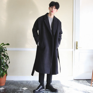 秋冬新品男装韩版长款毛呢宽松西服外套系腰带羊绒大衣百搭青年装