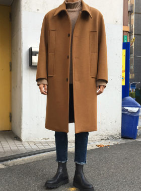 2026秋冬加棉呢子男长款宽松帅气韩版驼色羊毛呢男外套羊绒大衣男